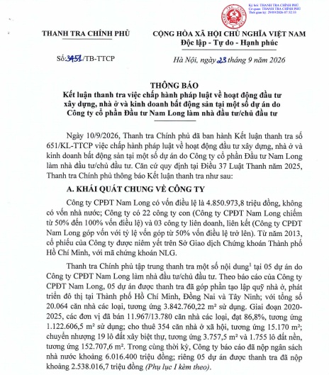 Thanh tra Chính phủ chỉ ra sai phạm tại 5 dự án của Nam Long (NLG): Doanh nghiệp nói gì?