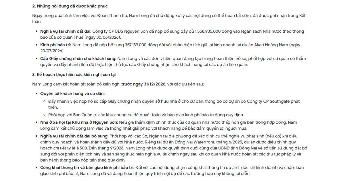 Sau kết luận Thanh tra Chính phủ, Nam Long nói gì về loạt vấn đề tại 5 dự án?
