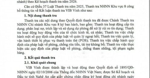 Thanh tra VIB chi nhánh Vinh: Hồ sơ tín dụng thiếu chứng từ, công tác thẩm định còn hạn chế