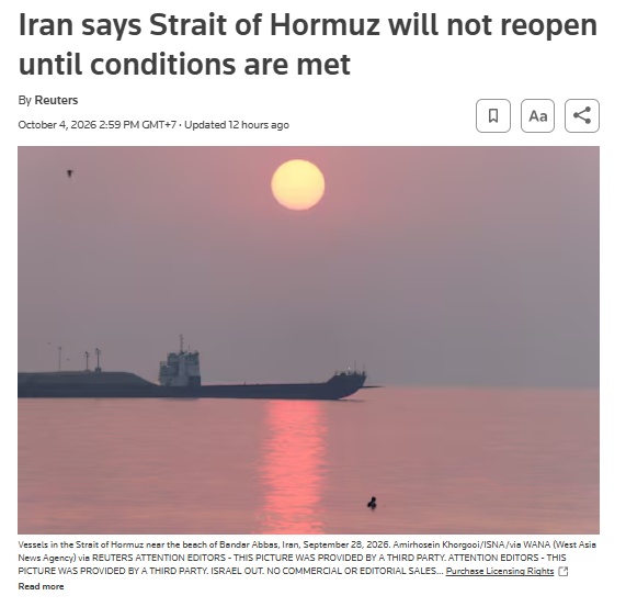 Iran: Eo biển Hormuz sẽ không mở cửa trở lại cho đến khi các điều kiện được đáp ứng