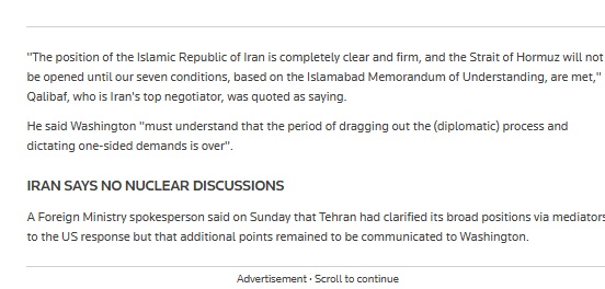 Iran: Eo biển Hormuz sẽ không mở cửa trở lại cho đến khi các điều kiện được đáp ứng