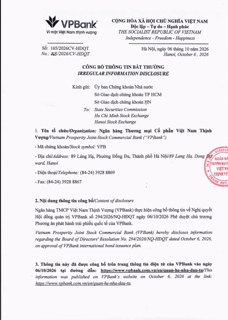VPBank phát hành trái phiếu quốc tế bằng đồng SGD