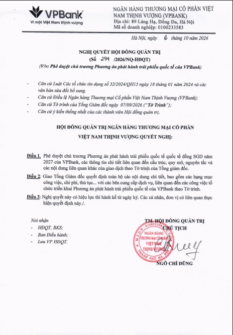 VPBank phát hành trái phiếu quốc tế bằng đồng SGD