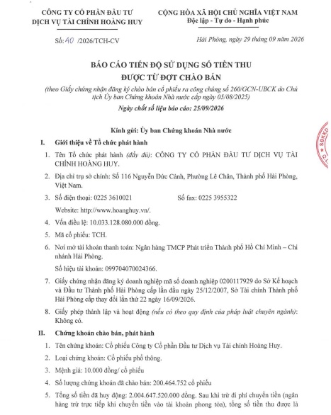 Hoàng Huy (TCH) dùng hơn 1.100 tỷ đồng tiền cổ đông cho 2 dự án nào?