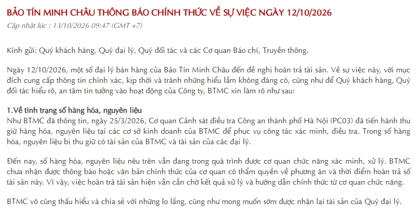 Bảo Tín Minh Châu nói gì về việc các đại lý đồng loạt tới đòi lại vàng?