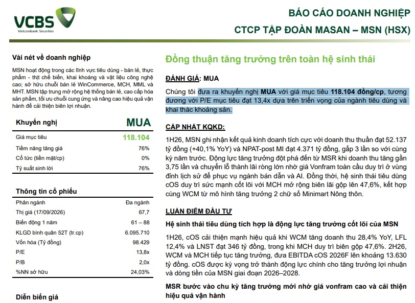 Cổ phiếu nào được VCBS định giá 118.104 đồng/cp?