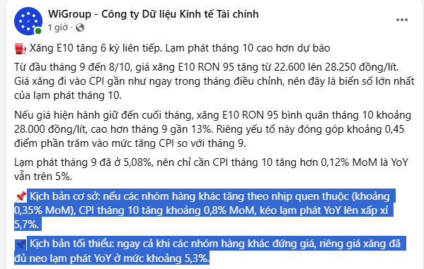 WiGroup: Lạm phát tháng 10 cao hơn dự báo?
