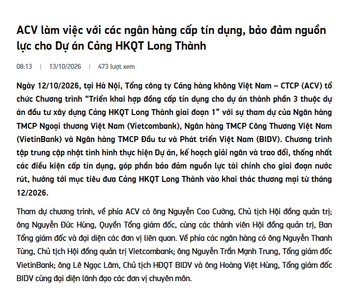 Khoản vay 1,8 tỷ USD cho Long Thành: ACV tiếp tục làm việc với Big3 ngân hàng