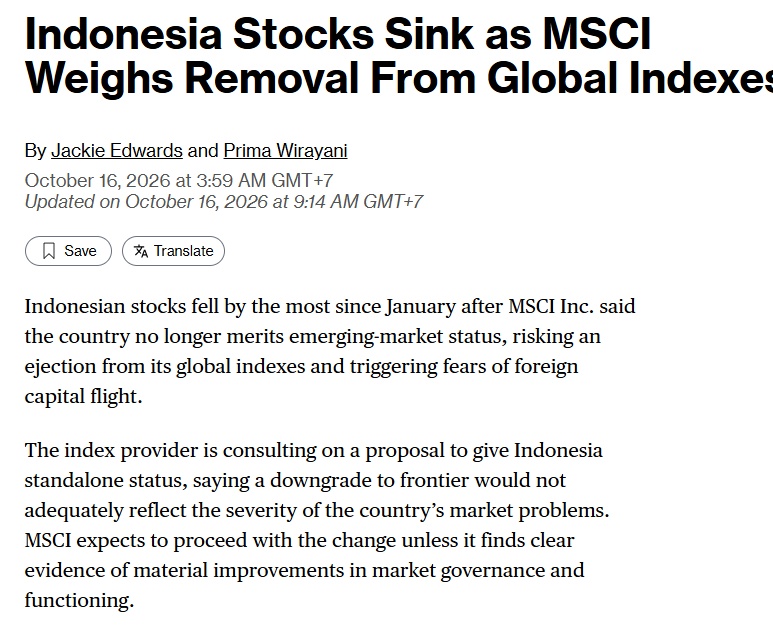 Căng: Chứng khoán Indonesia có nguy cơ bị MSCI tước hạng