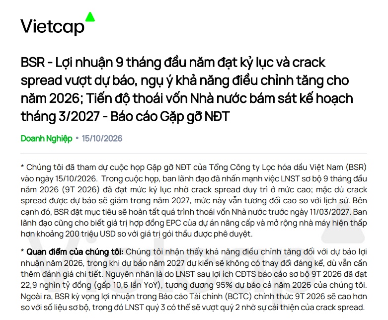 BSR báo lãi 9 tháng cao kỷ lục