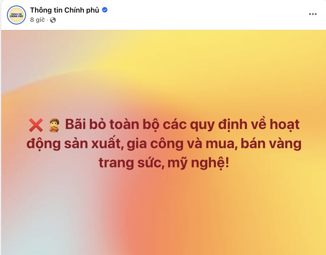 Bãi bỏ quy định về điều kiện sản xuất vàng trang sức, mỹ nghệ