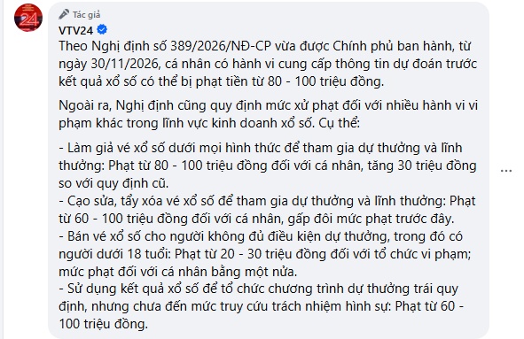 Từ 30/11, cung cấp thông tin dự đoán trước kết quả xổ số có thể bị phạt tới 100 triệu đồng
