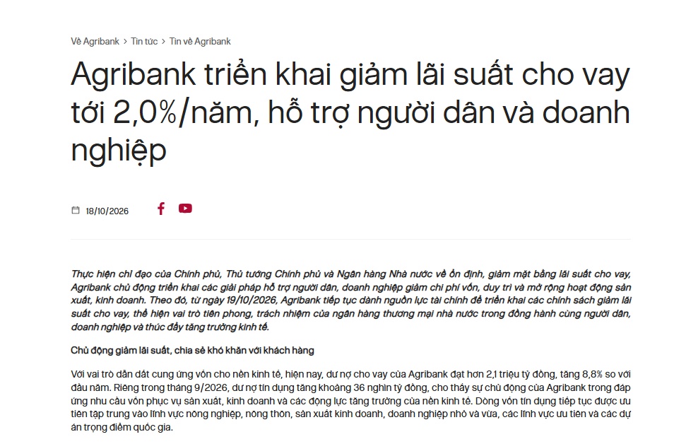 Agribank giảm 2%/năm lãi suất cho vay cho hàng loạt khách hàng từ hôm nay (19/10)