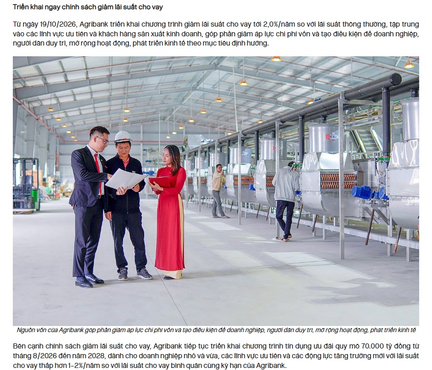 Agribank giảm 2%/năm lãi suất cho vay cho hàng loạt khách hàng từ hôm nay (19/10)