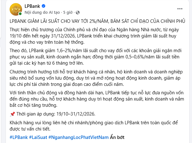 Một động thái mới từ LPBank khiến người gửi tiền chú ý