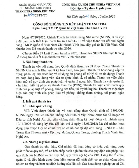 Thanh tra VIB chi nhánh Vinh: Hồ sơ tín dụng thiếu chứng từ, công tác thẩm định còn hạn chế