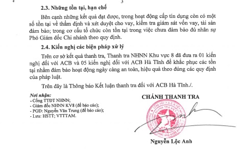 ACB Hà Tĩnh bị thanh tra chỉ ra những điểm cần khắc phục trong hoạt động tín dụng