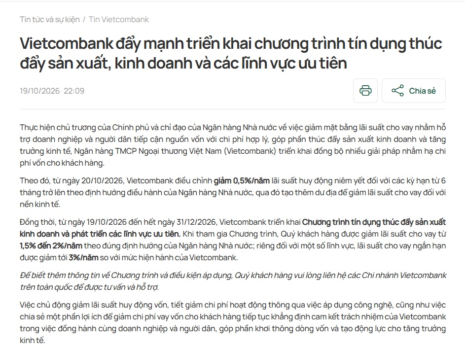 Nóng: Vietcombank chính thức hạ lãi suất huy động và cho vay