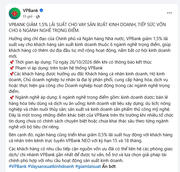 VPBank giảm 1,5% lãi suất cho vay, khách hàng đón tin vui