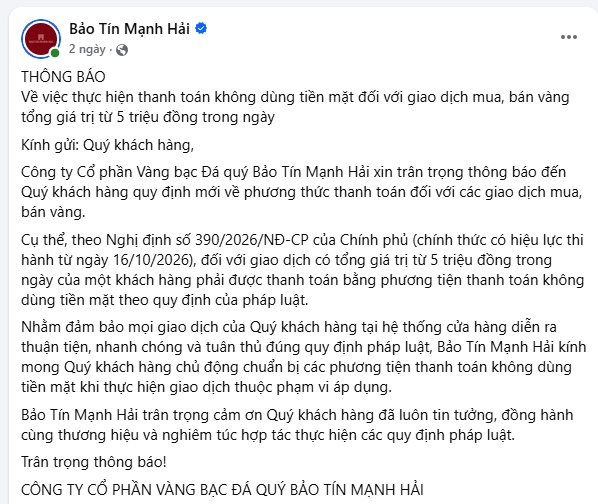 5 tiệm vàng lớn đồng loạt siết quy định thanh toán