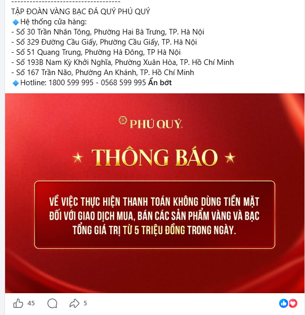 5 tiệm vàng lớn đồng loạt siết quy định thanh toán