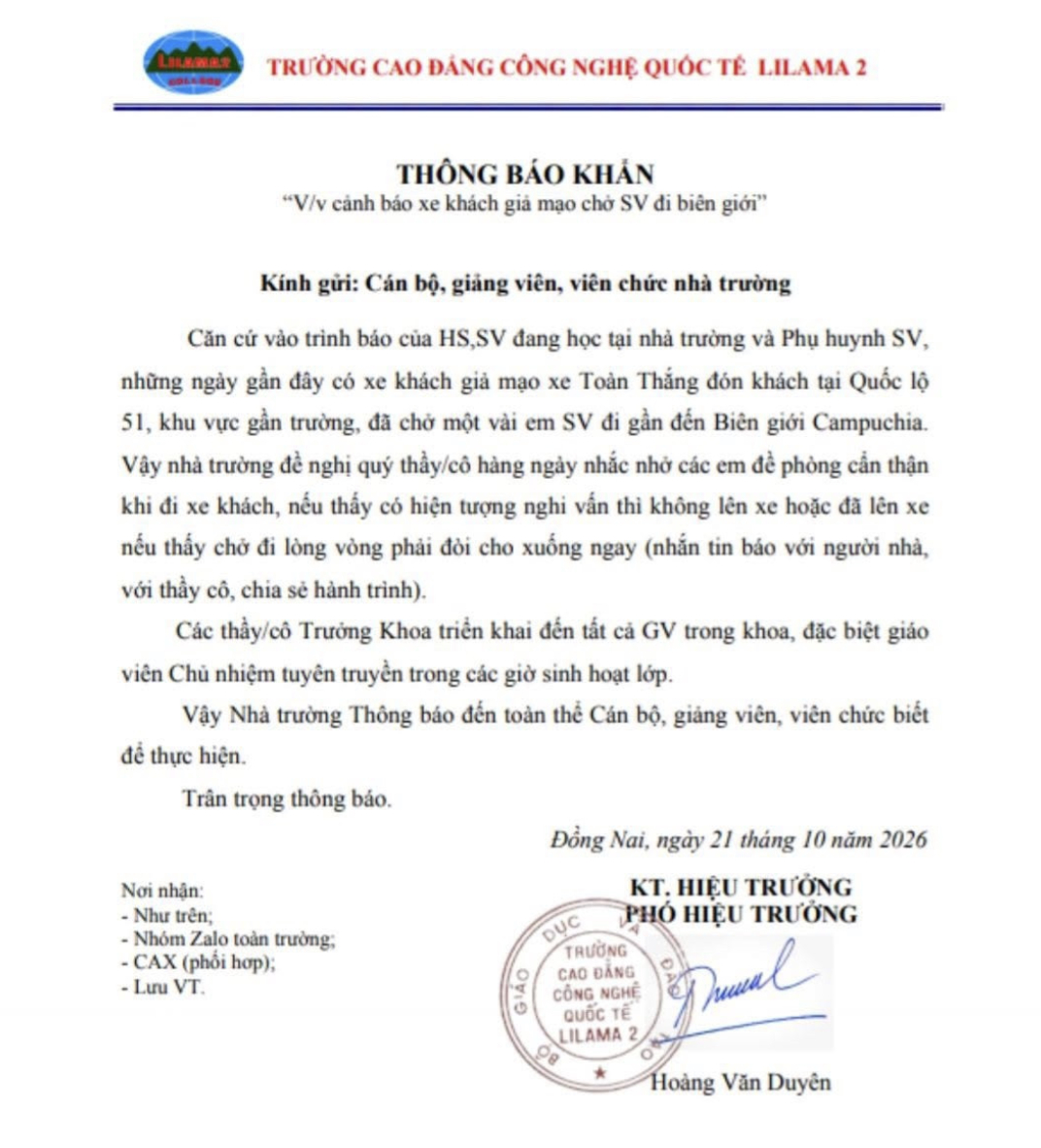 Trường cao đẳng phát cảnh báo khẩn: Sinh viên có thể bị xe khách giả mạo chở đến gần biên giới Campuchia