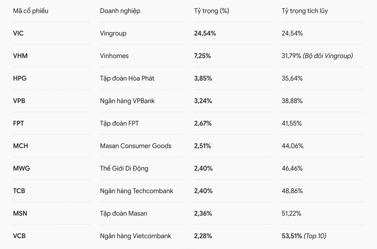 Gần 60% tỷ trọng FTSE Vietnam nằm trong tay 5 cổ phiếu