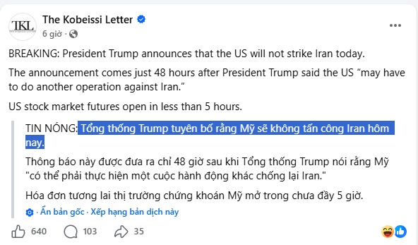 Tuyên bố mới nhất của ông Trump về Iran