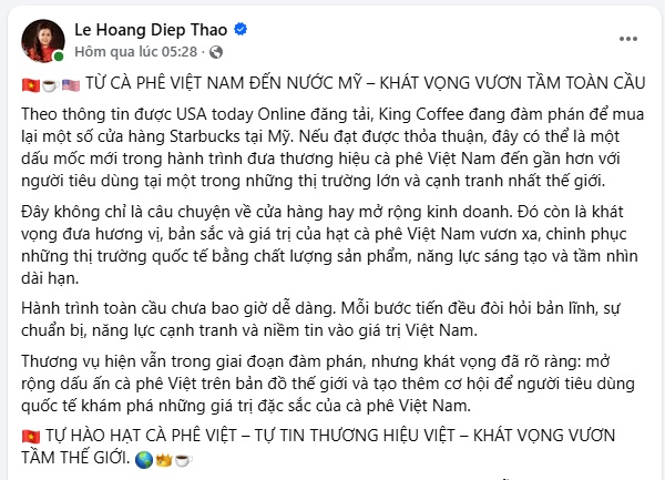 Bà chủ King Coffee hé lộ bước đi mới với Starbucks?