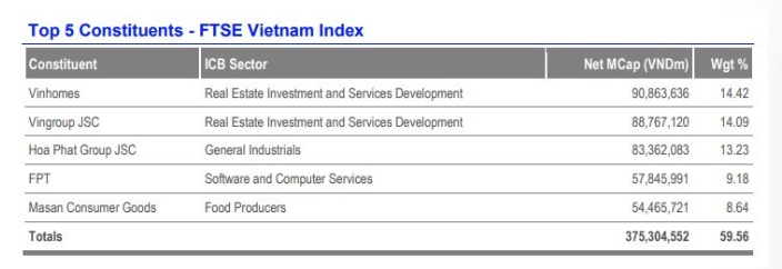 Cổ phiếu lớn chi phối FTSE Vietnam đến mức nào?