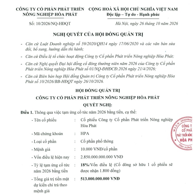 HPA chia cổ tức 18%, dòng tiền hàng trăm tỷ về Hòa Phát