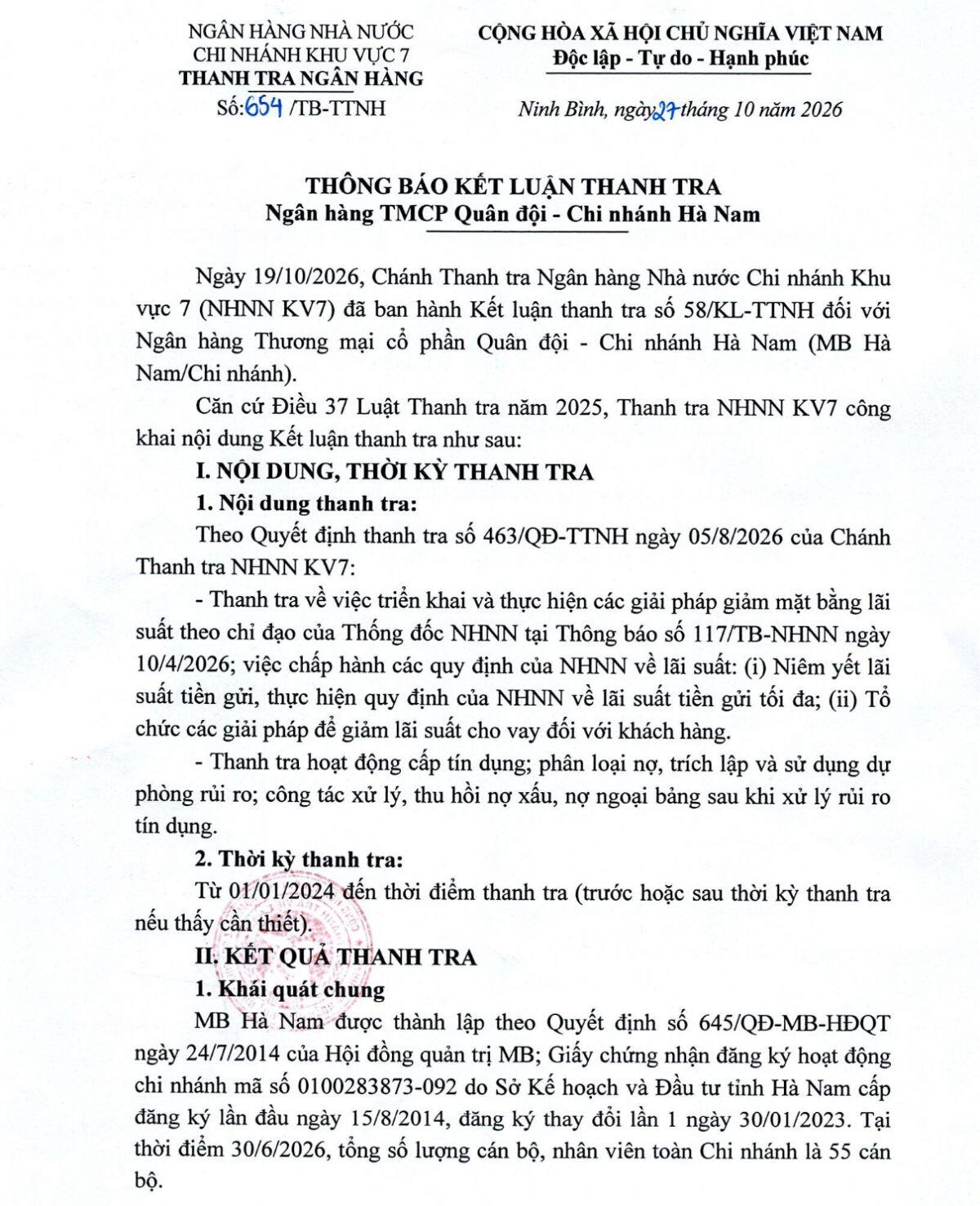 Một chi nhánh MB bị thanh tra chỉ ra loạt thiếu sót trong cho vay, xử lý nợ xấu và giảm lãi suất