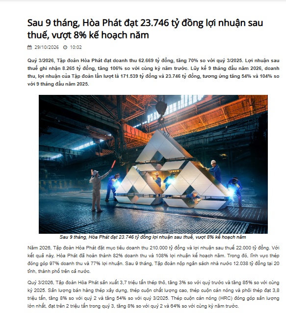 Sau 9 tháng, Hòa Phát đạt 23.746 tỷ đồng lợi nhuận sau thuế, vượt 8% kế hoạch năm