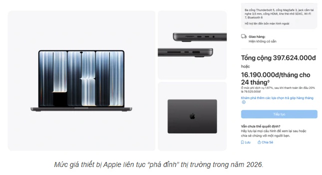 MacBook Pro 2026 lập đỉnh giá mới: Bản cao nhất tiệm cận 400 triệu đồng