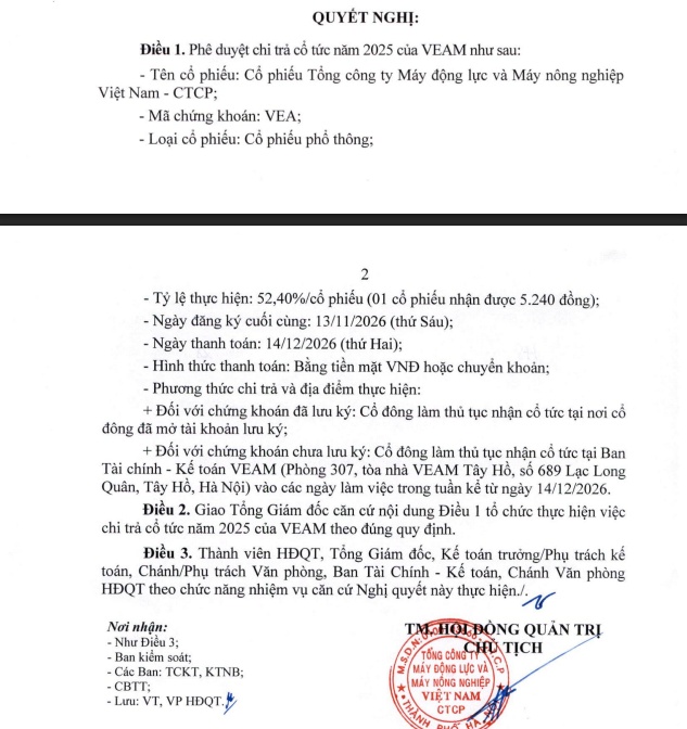 VEA chuẩn bị chia khoản cổ tức khổng lồ