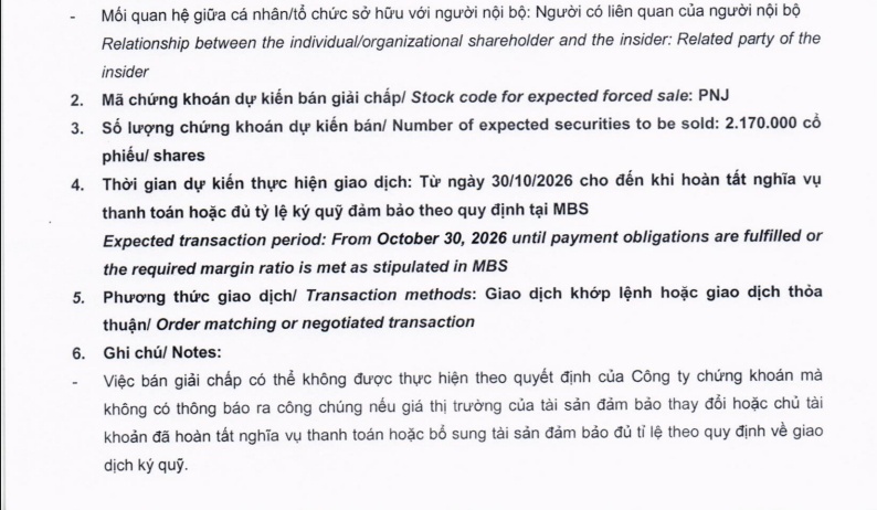 Con gái Chủ tịch PNJ bị 'call margin'