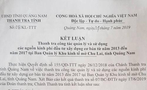 Quảng Nam: Thanh tra phát hiện nhiều sai phạm tại Ban quản lý Khu kinh tế mở Chu Lai