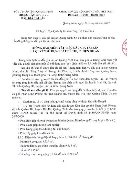 Ngày 17/11/2019, đấu giá quyền sử dụng đất tại huyện Hải Hà, tỉnh Quảng Ninh