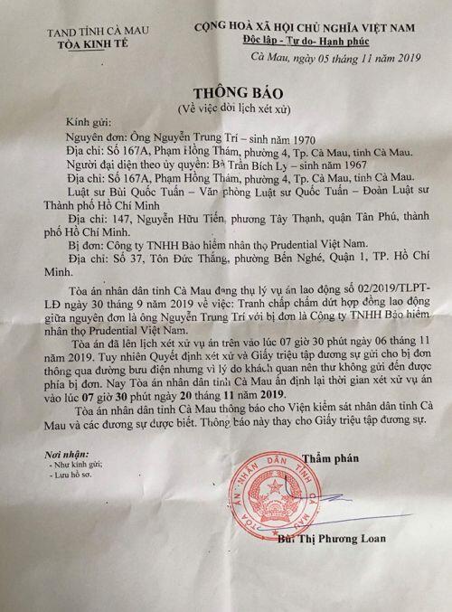 Tòa án nhân dân tỉnh Cà Mau dời lịch xét xử phúc thẩm vụ nhân viên kiện Prudential Việt Nam sang ngày 20/11