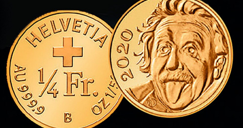 Thụy sĩ bán đồng tiền vàng nhỏ không tưởng, nặng bằng hạt gạo, có hình Einstein đang lè lưỡi