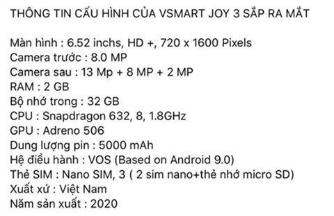 Vsmart Joy 3 giá rẻ lộ diện với cấu hình 'chất' hơn Xiaomi Redmi 7