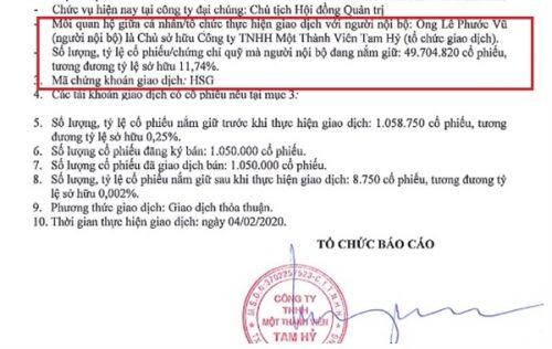 Công ty riêng của ông Lê Phước Vũ đã bán hơn 1 triệu cổ phiếu của Tập đoàn Hoa Sen