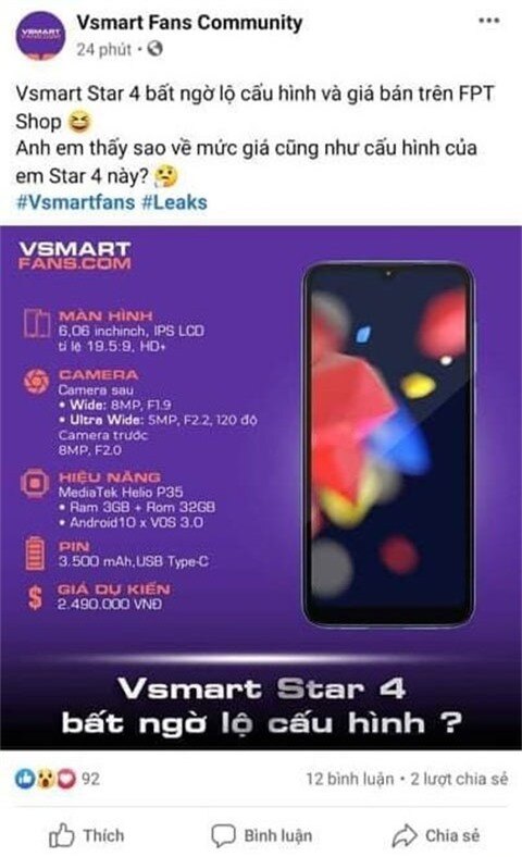 Vsmart Star 4 đẹp long lanh, bất ngờ lộ diện với chip Helio P35, pin 3500mAh, giá hơn 2 triệu?