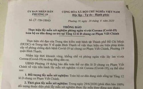 TP Hồ Chí Minh: Xét nghiệm cả tầng chung cư vì 1 ca nghi tái mắc Covid-19