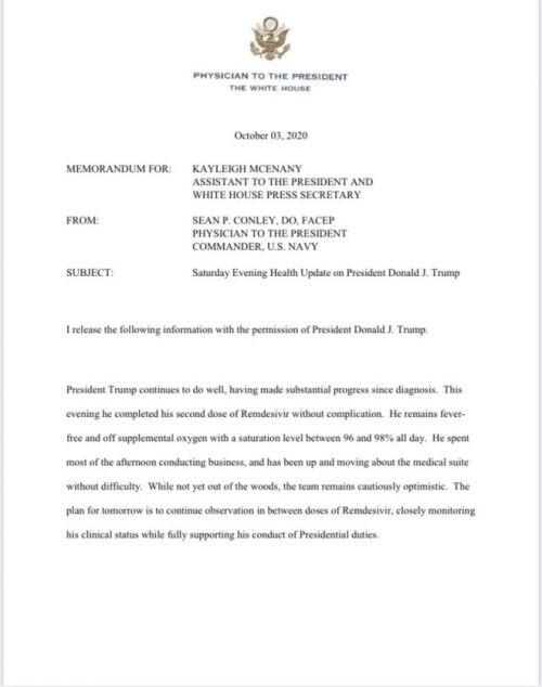Nhà Trắng cập nhật mới nhất sức khỏe Tổng thống Trump