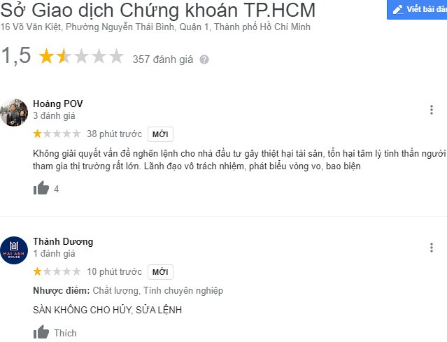 Sở Giao dịch Chứng khoán TPHCM (HOSE) nhận “bão”đánh giá 1 sao trên Google