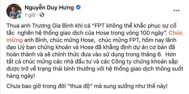 'Ông trùm chứng khoán' Nguyễn Duy Hưng nhận 'thua' ông Trương Gia Bình