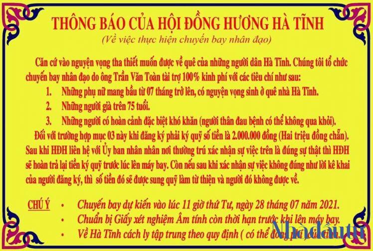 Dự kiến ngày 28/7, chuyến bay do doanh nhân Trần Văn Toàn tài trợ sẽ đưa công dân Hà Tĩnh từ TP.HCM về quê