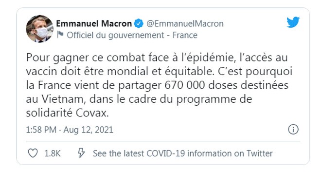 Pháp tặng Việt Nam 670.000 liều vắc xin Covid-19
