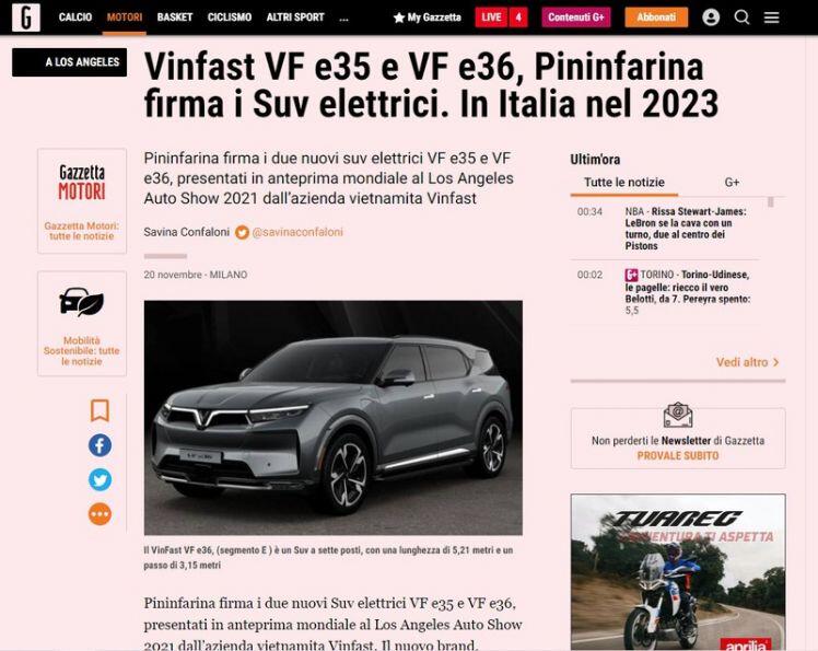 Báo Italy gọi VinFast là hãng xe tạo nên cuộc “cách mạng”